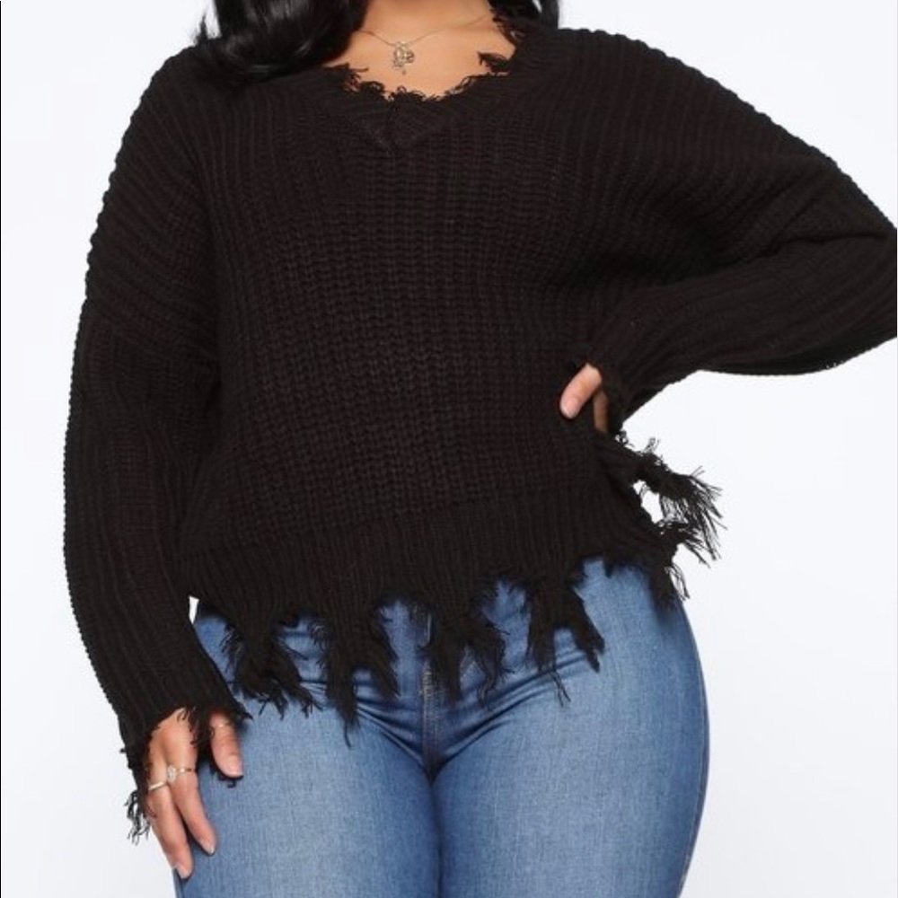 V Neck Ripped Fringed Sweater
